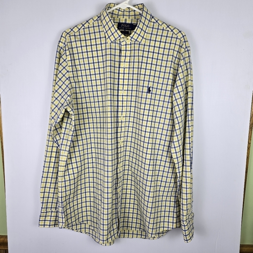 Polo Ralph Lauren Men's Classic Fit Stretch Poplin Blue Yellow Plaid Large 16.5"